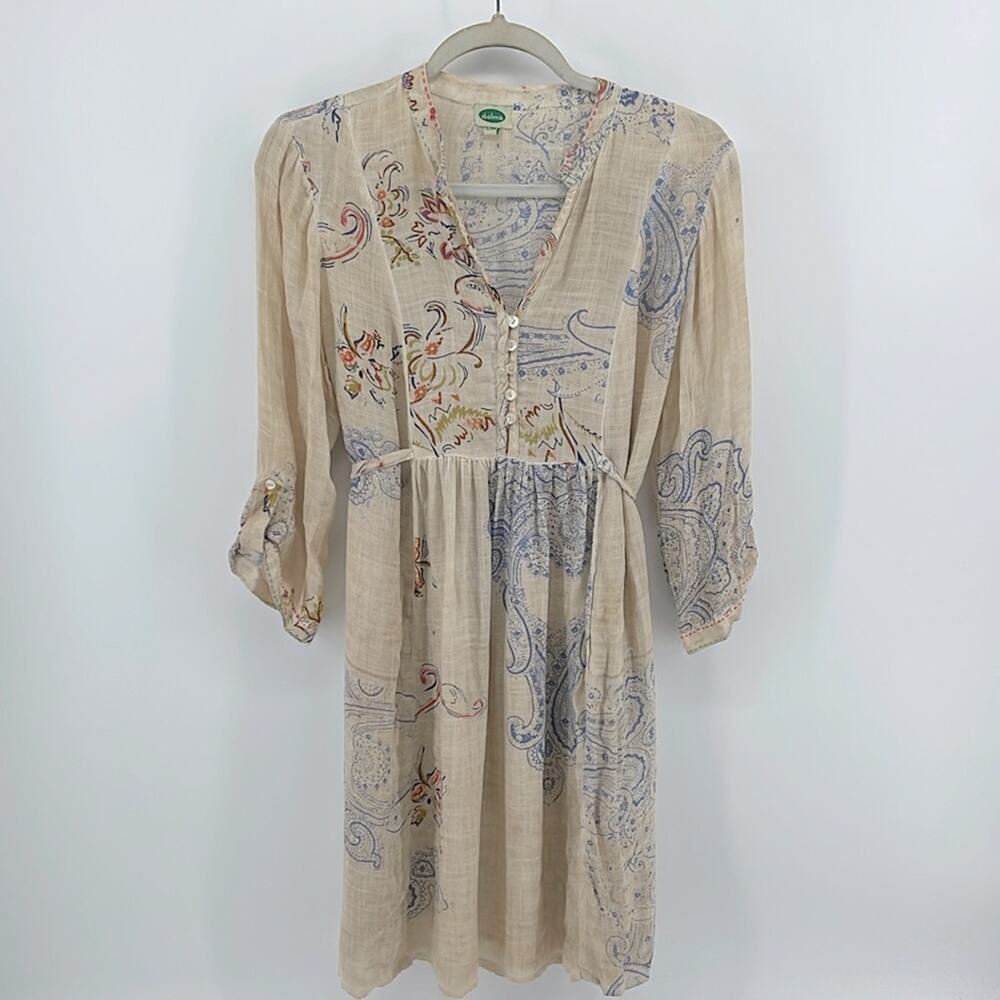ANTHRO Dolma paisley boho print 1/4 button up long sleeve baby doll dress sz S/M